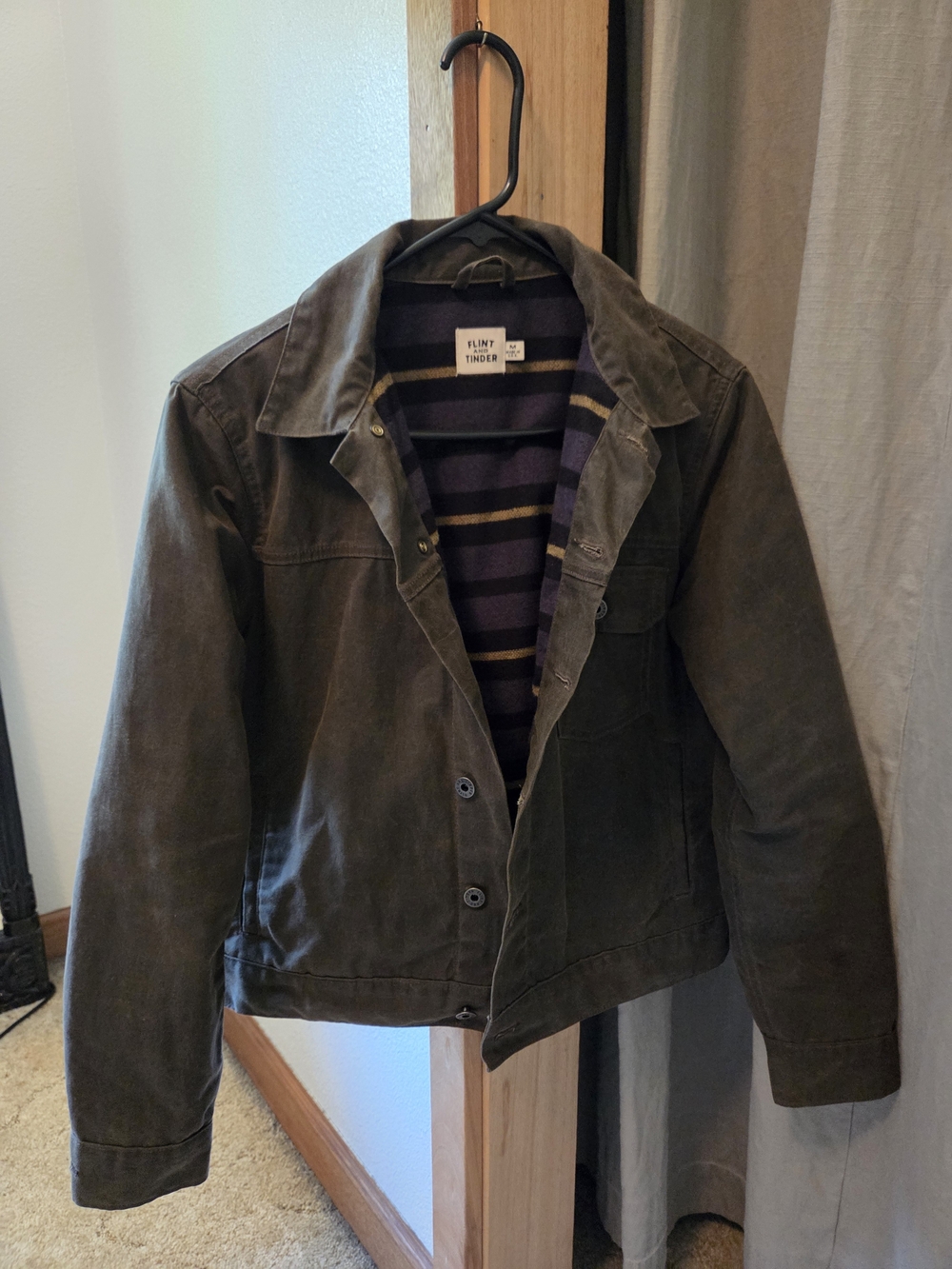 Flint and Tinder Forest Green Waxed Canvas Jacket with Striped Lining